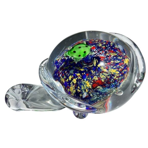 Sea Turtle & Baby Hand Blown Glass Paperweight 5” Figurine Blue Green Yellow SEE - Picture 1 of 12